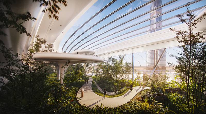 ZNera Space Downtown Circle elevated ring structure rendering, Dubai